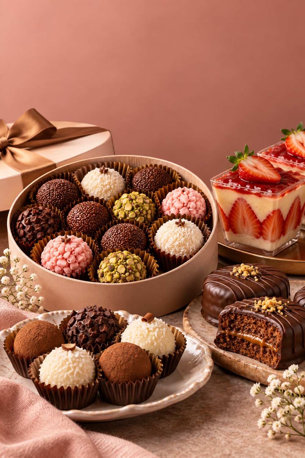 Seleção de brigadeiros, beijinhos, trufas e sobremesa com morangos em apresentação delicada
